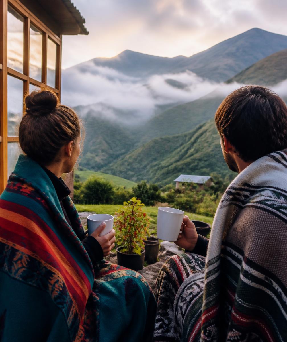 Pareja con mantas y tazas de café mirando las montañas al amanecer